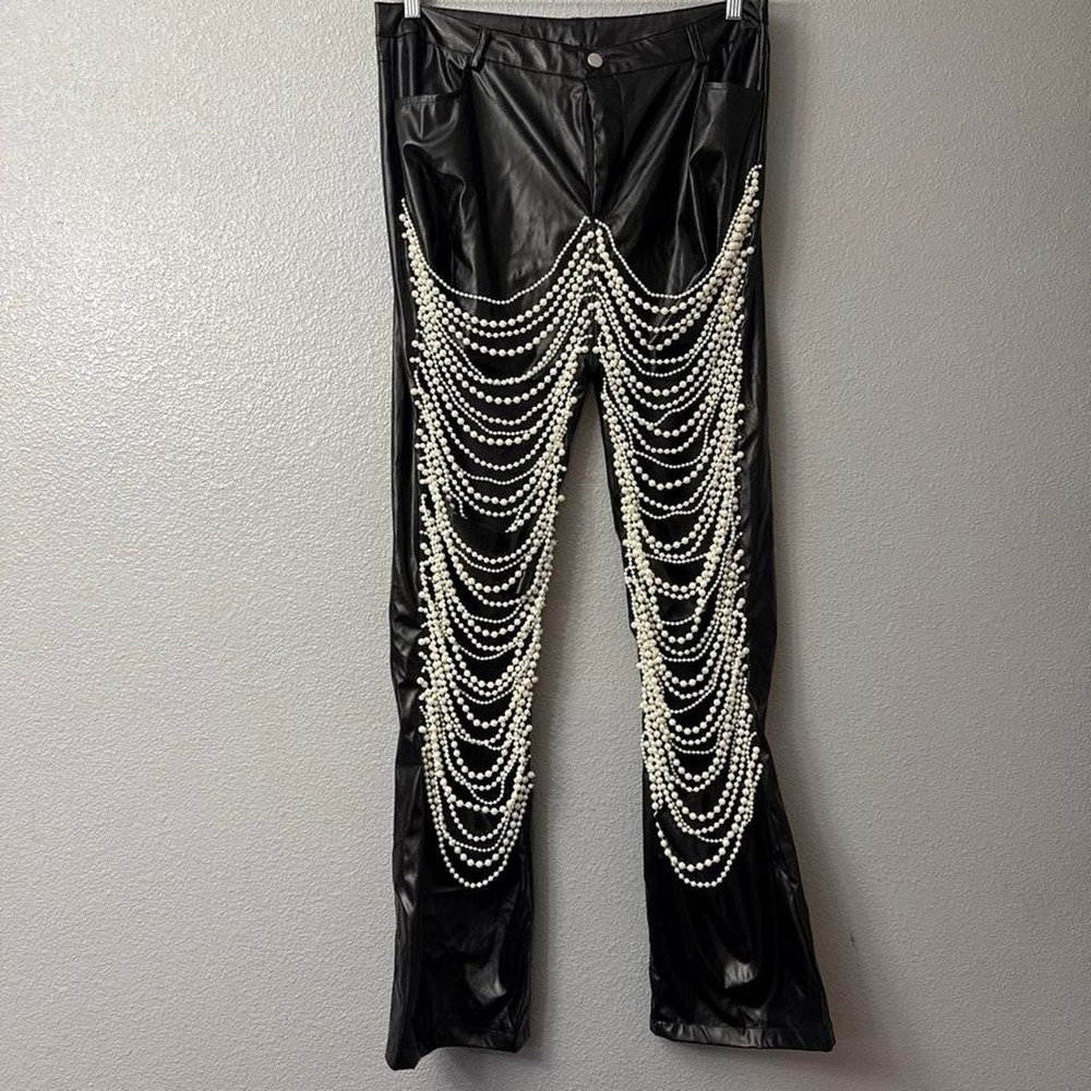 Women's Black Faux Leather Pants with Leg Cutouts and Pearl Embellishments